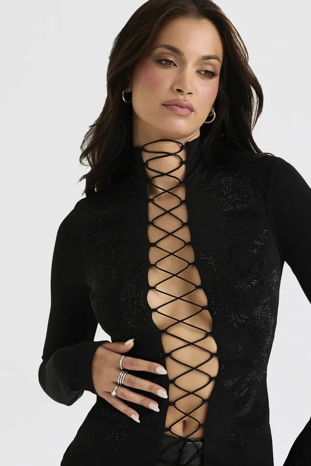 House Of CB LoriBlack Crystallised Lace Up Top 8211 SALE Black Women Tops