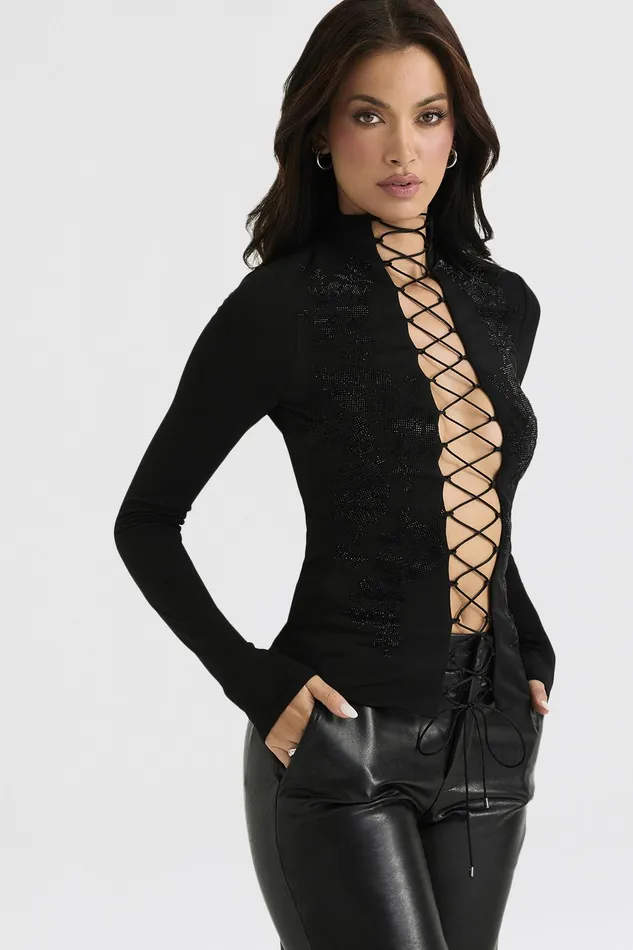 House Of CB LoriBlack Crystallised Lace Up Top 8211 SALE Black Women Tops
