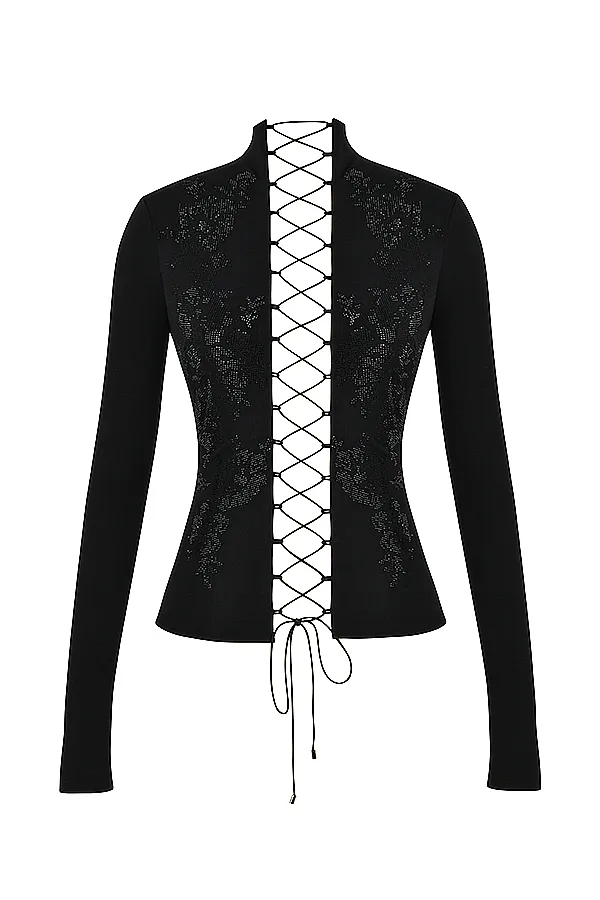 House Of CB LoriBlack Crystallised Lace Up Top 8211 SALE Black Women Tops