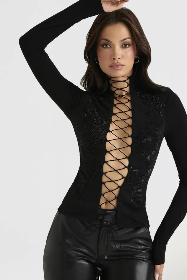 House Of CB LoriBlack Crystallised Lace Up Top 8211 SALE Black Women Tops