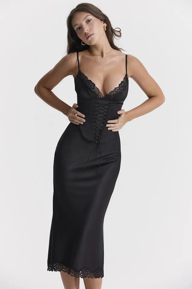House Of CB SalmaBlack Satin Slip Dress 8211 SALE Black Women Corset Dresses