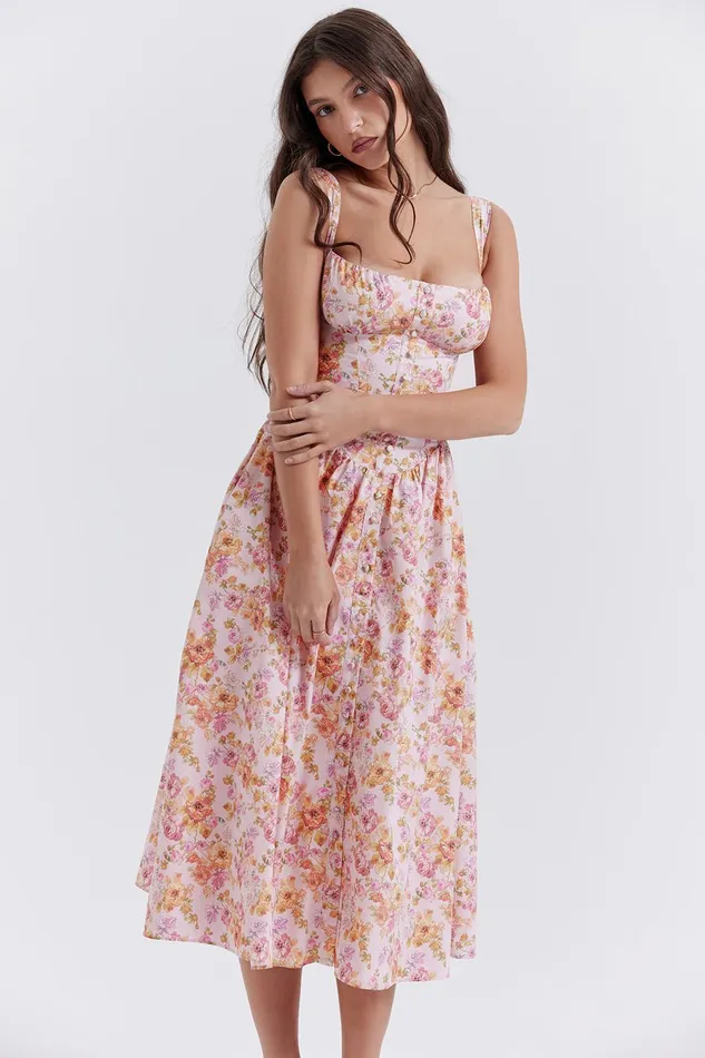 House Of CB TatianaPink Print Midi Sundress Pink Women Corset Dresses