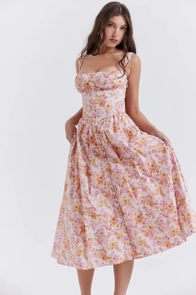 House Of CB TatianaPink Print Midi Sundress Pink Women Corset Dresses
