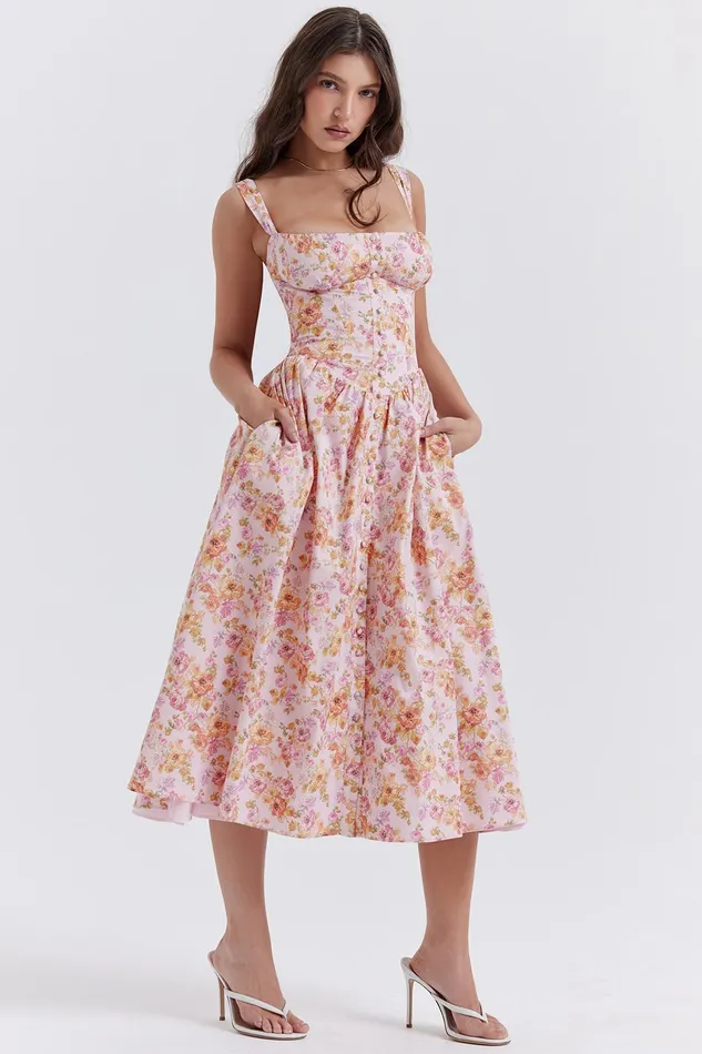 House Of CB TatianaPink Print Midi Sundress Pink Women Corset Dresses