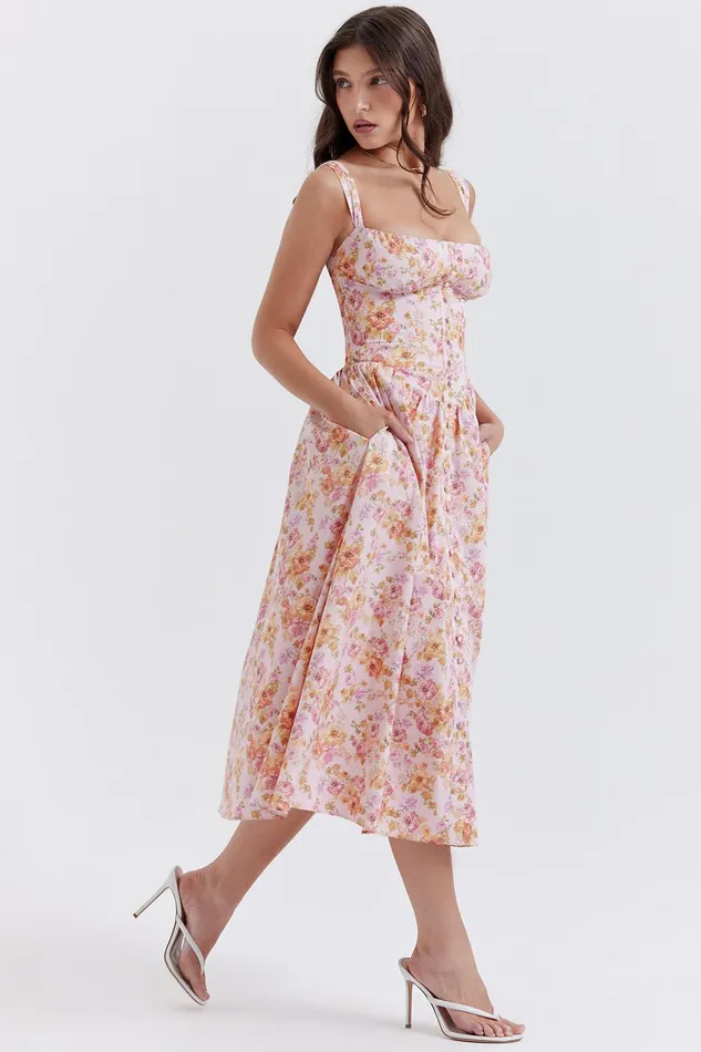 House Of CB TatianaPink Print Midi Sundress Pink Women Corset Dresses
