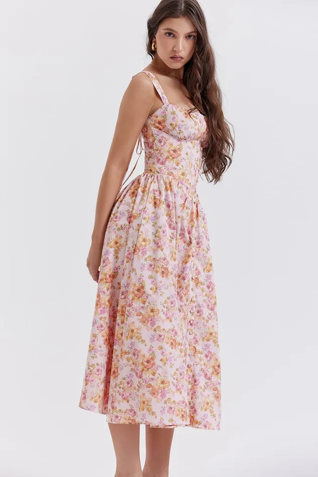 House Of CB TatianaPink Print Midi Sundress Pink Women Corset Dresses