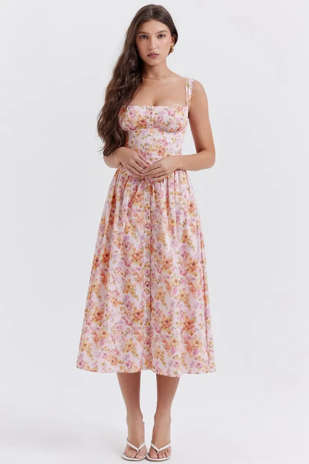 House Of CB TatianaPink Print Midi Sundress Pink Women Corset Dresses