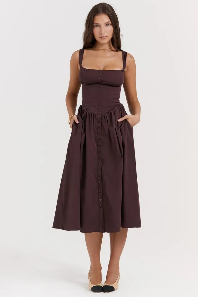 House Of CB TatianaRich Brown Midi Sundress Rich Women Corset Dresses