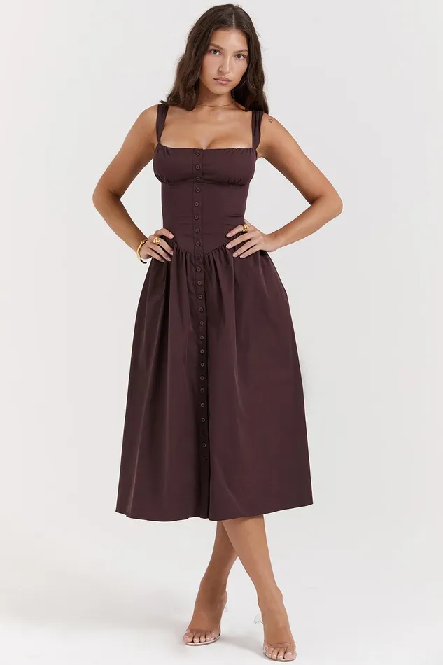House Of CB TatianaRich Brown Midi Sundress Rich Women Corset Dresses
