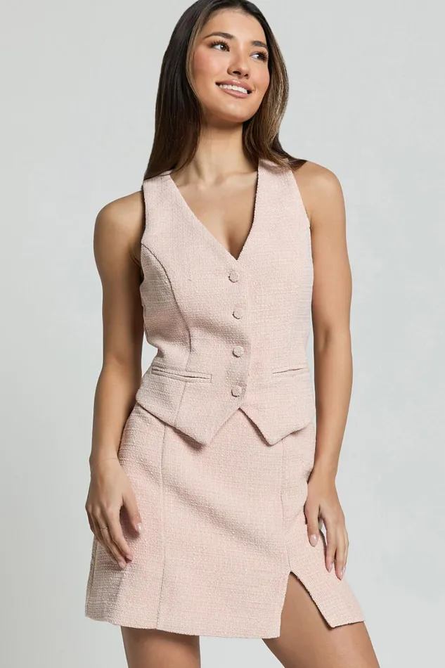 Iggy Vest 8211 Button Through Boucle Vest In Pink Women Showpo Tops