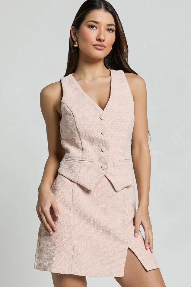 Iggy Vest 8211 Button Through Boucle Vest In Pink Women Showpo Tops