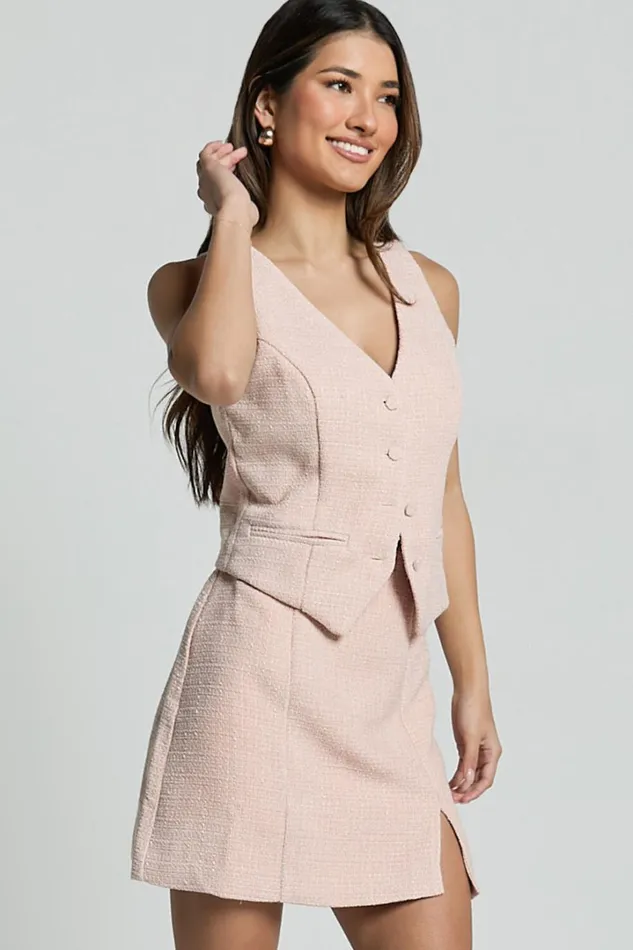 Iggy Vest 8211 Button Through Boucle Vest In Pink Women Showpo Tops