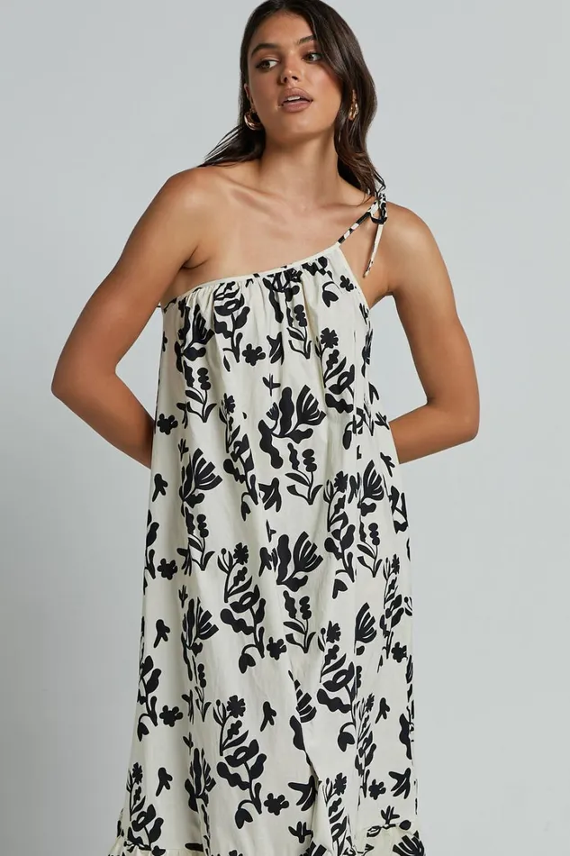 Illyana Midi Dress 8211 Asymmetric One Shoulder Frill Hem Dress In White And Black Print Women Showpo Dresses