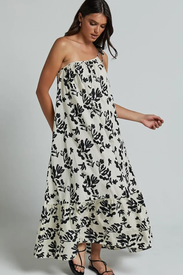 Illyana Midi Dress 8211 Asymmetric One Shoulder Frill Hem Dress In White And Black Print Women Showpo Dresses