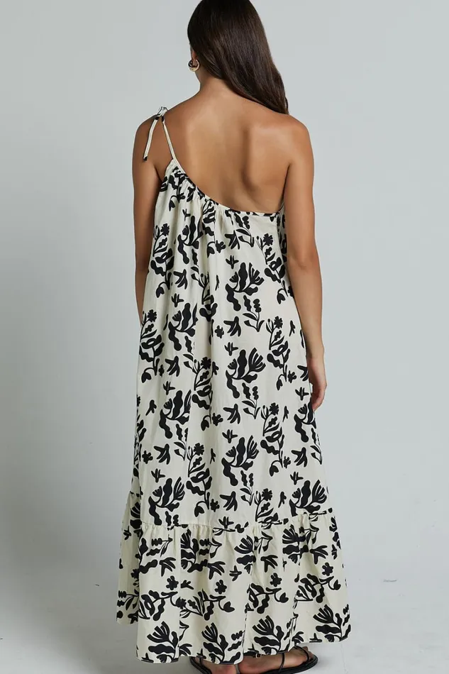 Illyana Midi Dress 8211 Asymmetric One Shoulder Frill Hem Dress In White And Black Print Women Showpo Dresses