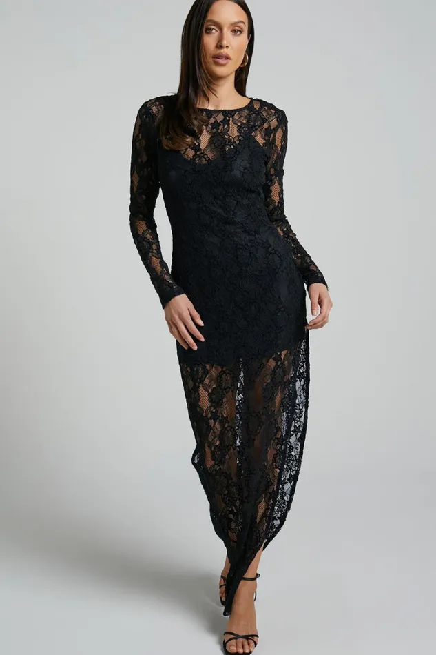 Iroshani Midi Dress 8211 Long Sleeve Lace With Slip Dress In Black Women Showpo Dresses
