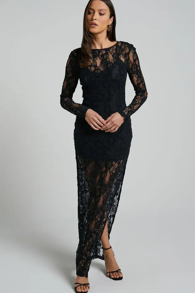 Iroshani Midi Dress 8211 Long Sleeve Lace With Slip Dress In Black Women Showpo Dresses