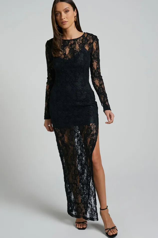 Iroshani Midi Dress 8211 Long Sleeve Lace With Slip Dress In Black Women Showpo Dresses