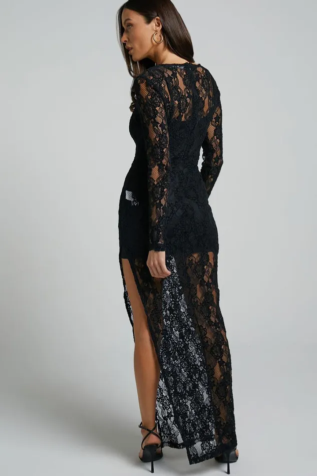 Iroshani Midi Dress 8211 Long Sleeve Lace With Slip Dress In Black Women Showpo Dresses