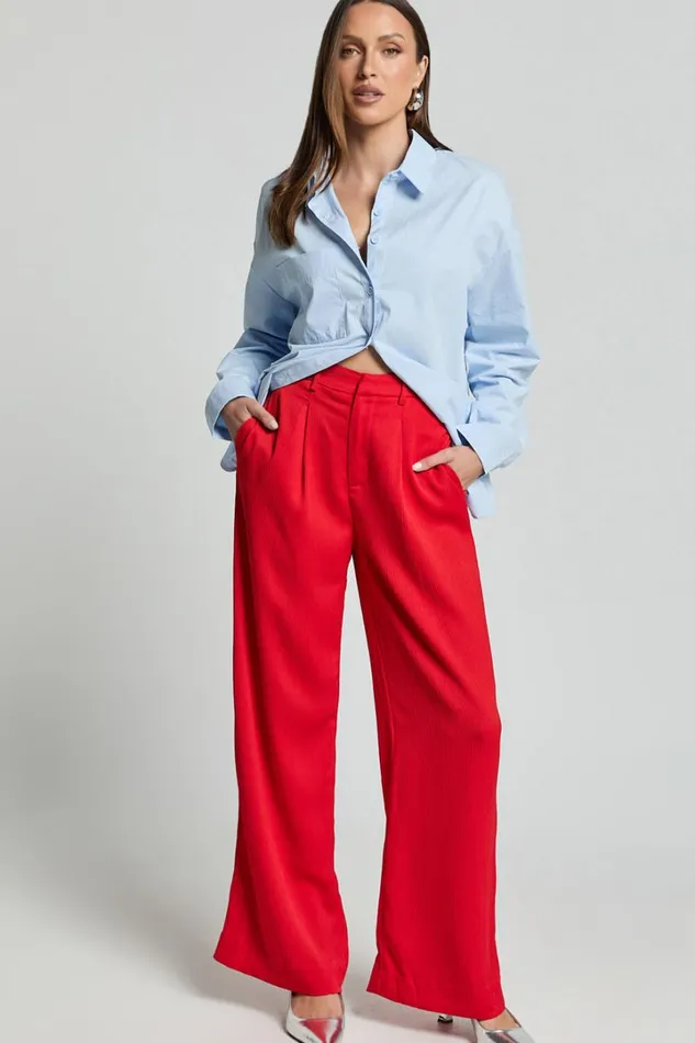 Jacie Pants 8211 High Waisted Relaxed Textured Pants In Red Women Showpo Pants