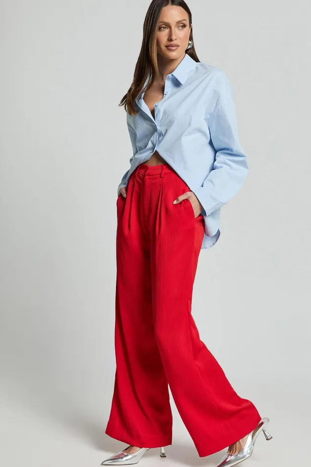 Jacie Pants 8211 High Waisted Relaxed Textured Pants In Red Women Showpo Pants