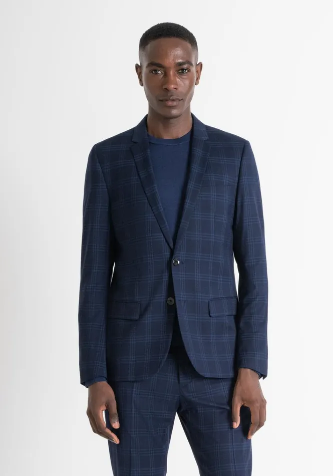 Jackets And Gilet Men Antony Morato Slim Fit 034Bonnie034 Jacket With Viscose Blend Check Pattern Blue Ink Jackets And Gilet Men Antony Morato Slim Fit 034Bonnie034 Jacket With Viscose Blend Check Pattern Blue Ink