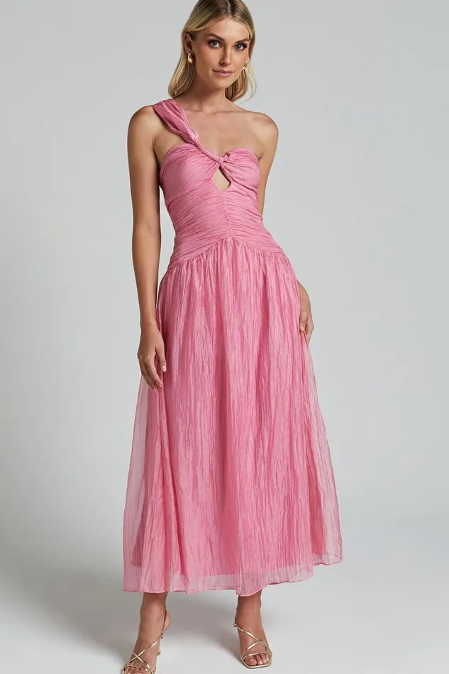 Janeilla Midi Dress 8211 One Shoulder Cut Out Front Ruched Fit And Flare Dress In Pink Women Showpo Dresses Janeilla Midi Dress 8211 One Shoulder Cut Out Front Ruched Fit And Flare Dress In Pink Women Showpo Dresses