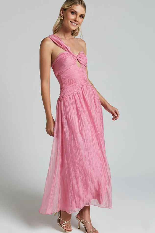 Janeilla Midi Dress 8211 One Shoulder Cut Out Front Ruched Fit And Flare Dress In Pink Women Showpo Dresses