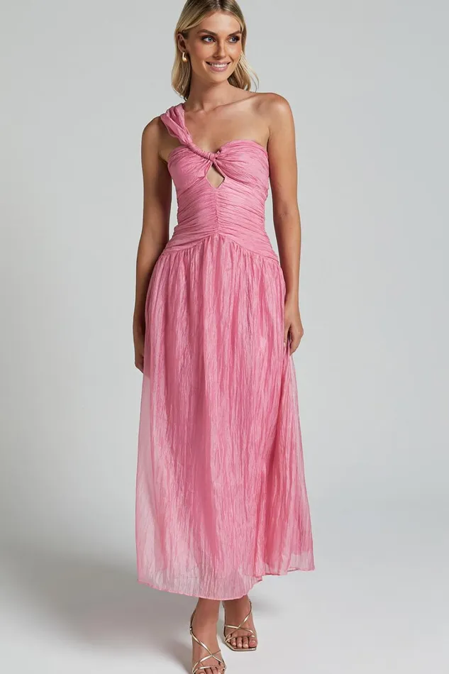 Janeilla Midi Dress 8211 One Shoulder Cut Out Front Ruched Fit And Flare Dress In Pink Women Showpo Dresses