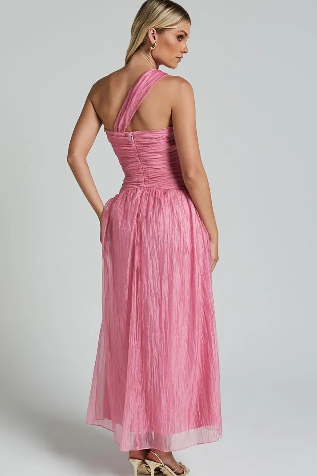 Janeilla Midi Dress 8211 One Shoulder Cut Out Front Ruched Fit And Flare Dress In Pink Women Showpo Dresses