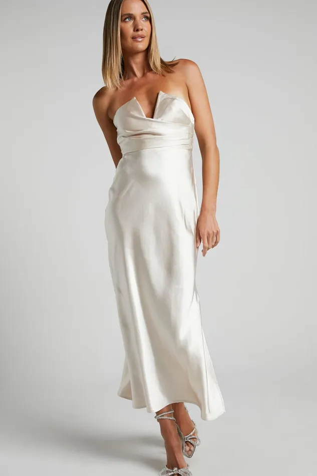 Jaslynn Midi Dress 8211 Strapless V Neck Satin Dress In Champagne Women Showpo Dresses
