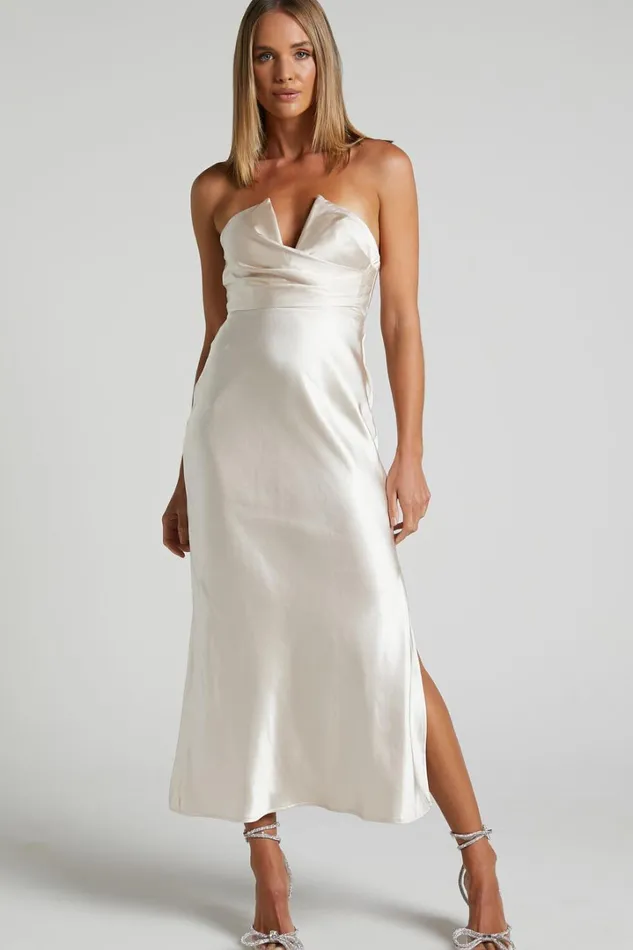 Jaslynn Midi Dress 8211 Strapless V Neck Satin Dress In Champagne Women Showpo Dresses