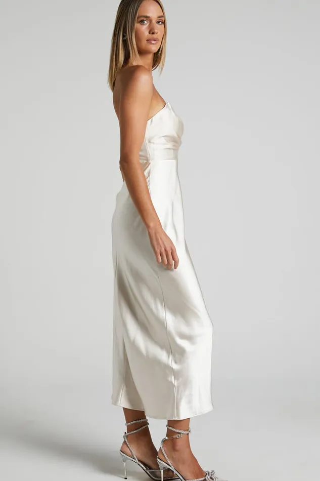 Jaslynn Midi Dress 8211 Strapless V Neck Satin Dress In Champagne Women Showpo Dresses