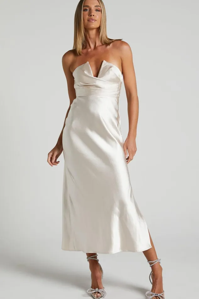 Jaslynn Midi Dress 8211 Strapless V Neck Satin Dress In Champagne Women Showpo Dresses