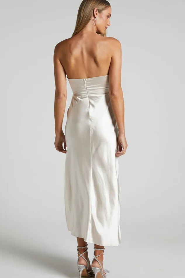 Jaslynn Midi Dress 8211 Strapless V Neck Satin Dress In Champagne Women Showpo Dresses