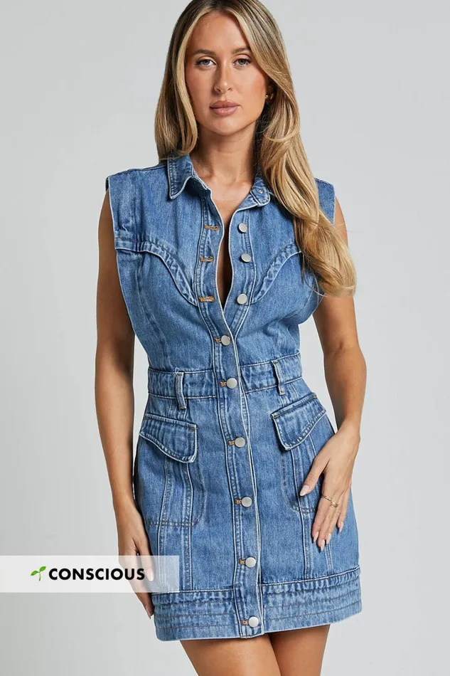 Jasse Mini Dress 8211 Button Through Denim Dress In Mid Blue Wash Women Showpo Denim