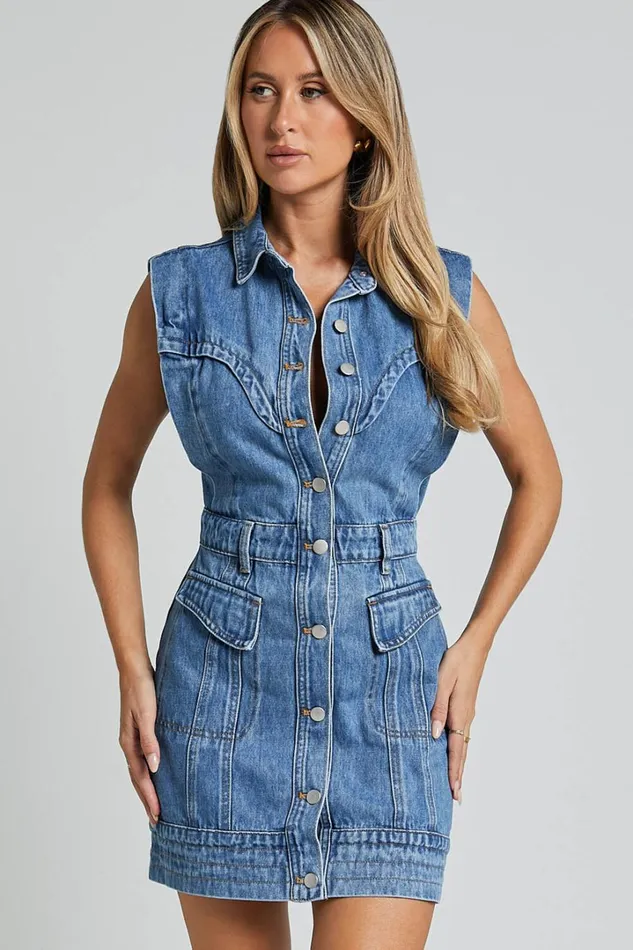 Jasse Mini Dress 8211 Button Through Denim Dress In Mid Blue Wash Women Showpo Denim
