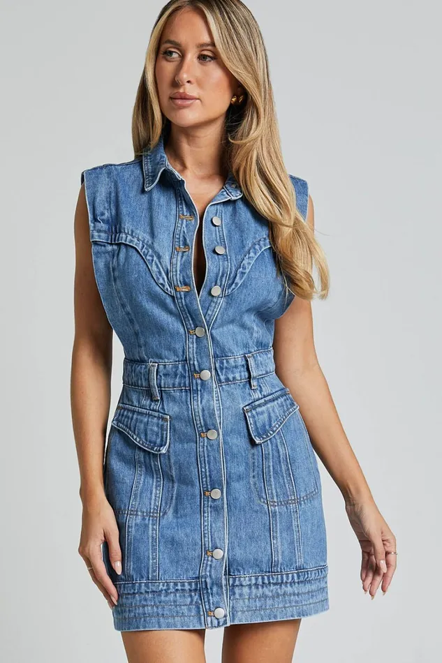 Jasse Mini Dress 8211 Button Through Denim Dress In Mid Blue Wash Women Showpo Denim