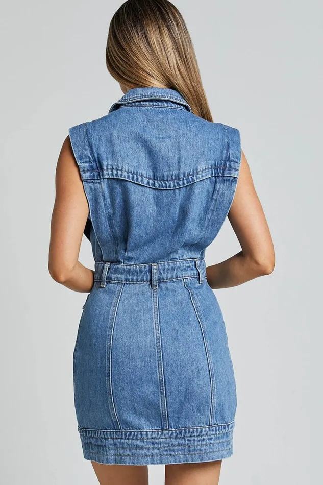 Jasse Mini Dress 8211 Button Through Denim Dress In Mid Blue Wash Women Showpo Denim