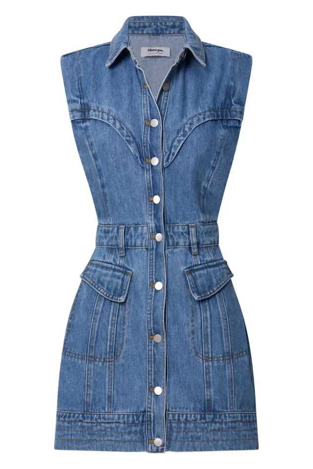 Jasse Mini Dress 8211 Button Through Denim Dress In Mid Blue Wash Women Showpo Denim