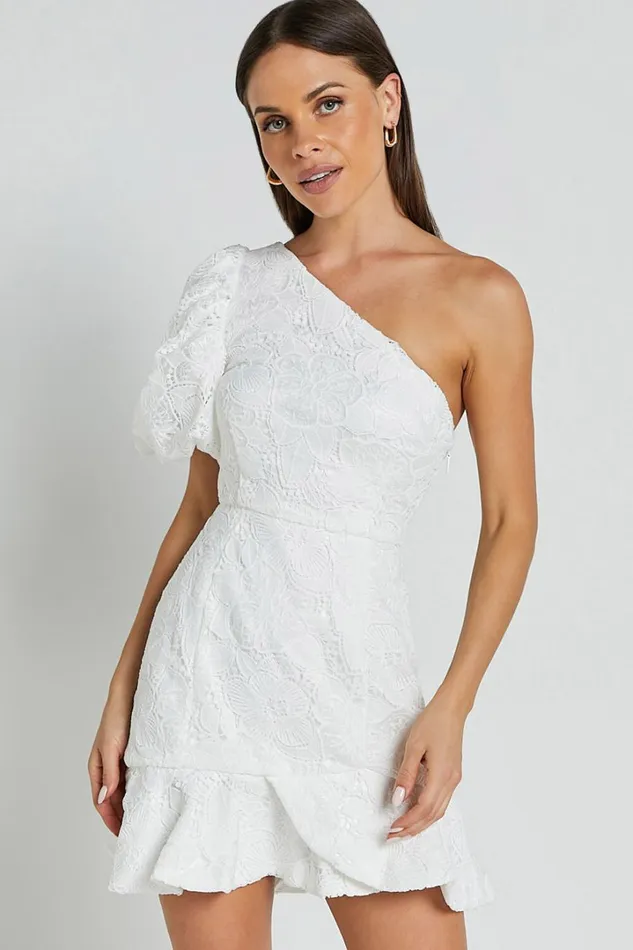 Jenny Mini Dress 8211 One Shoulder Side Cut Out Lace Dress In White Women Showpo Dresses