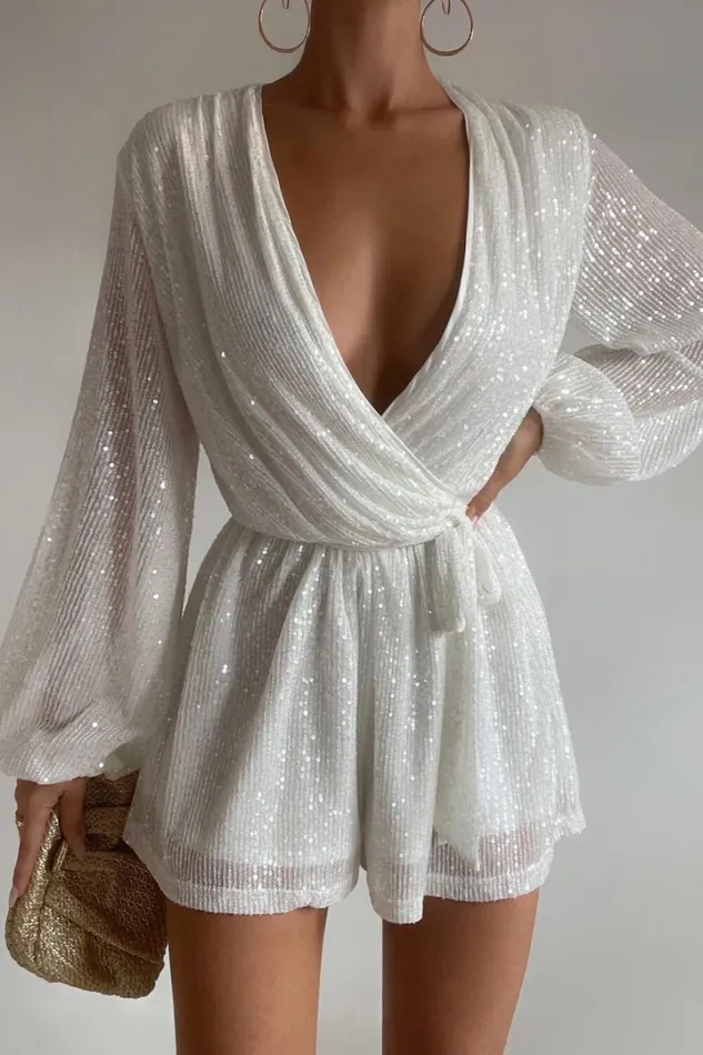 Jessen Playsuit 8211 Tie Waist Balloon Sleeve Playsuit In White Sequin Women Showpo Rompers Jessen Playsuit 8211 Tie Waist Balloon Sleeve Playsuit In White Sequin Women Showpo Rompers