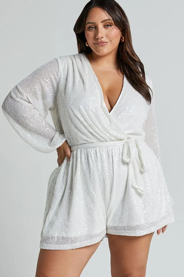 Jessen Playsuit 8211 Tie Waist Balloon Sleeve Playsuit In White Sequin Women Showpo Rompers