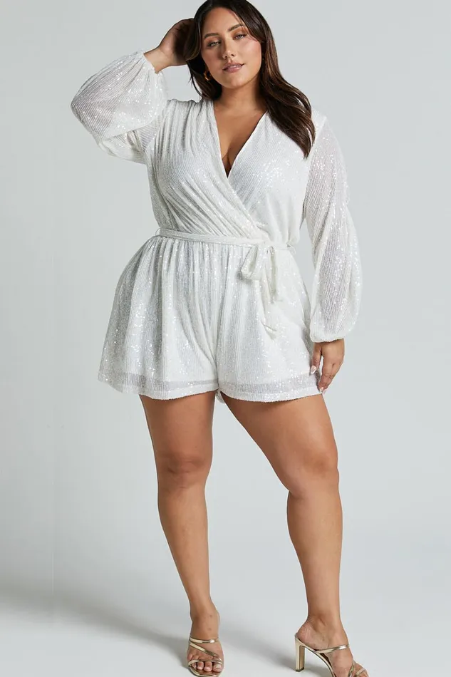 Jessen Playsuit 8211 Tie Waist Balloon Sleeve Playsuit In White Sequin Women Showpo Rompers