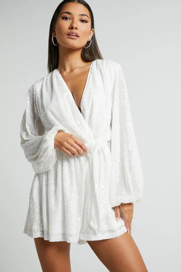 Jessen Playsuit 8211 Tie Waist Balloon Sleeve Playsuit In White Sequin Women Showpo Rompers