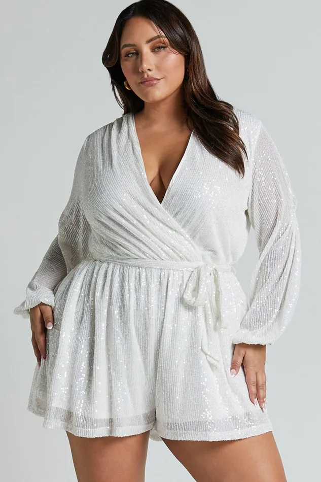 Jessen Playsuit 8211 Tie Waist Balloon Sleeve Playsuit In White Sequin Women Showpo Rompers