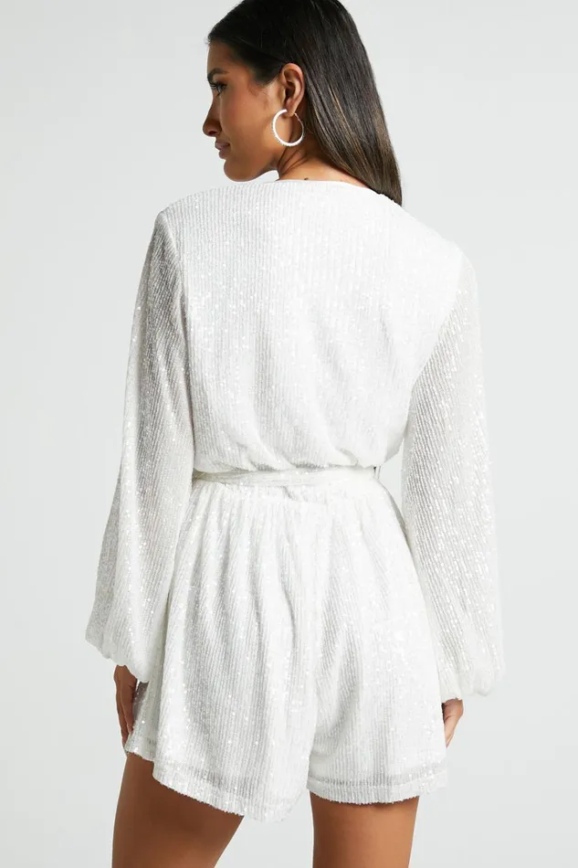 Jessen Playsuit 8211 Tie Waist Balloon Sleeve Playsuit In White Sequin Women Showpo Rompers