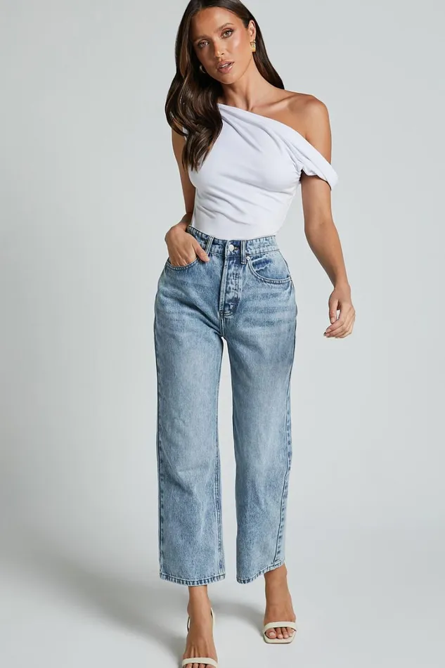 Jialeen Top 8211 Off Shoulder Twist Asymmetrical Sleeve Top In White Women Showpo Tops