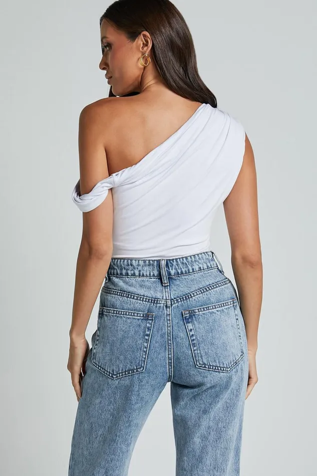 Jialeen Top 8211 Off Shoulder Twist Asymmetrical Sleeve Top In White Women Showpo Tops