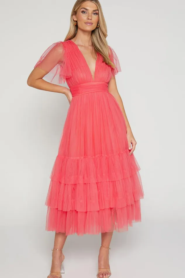 Jiraye Midi Dress 8211 Flutter Sleeve Tuelle Plunge Dress In Coral Women Showpo Curve Clothes